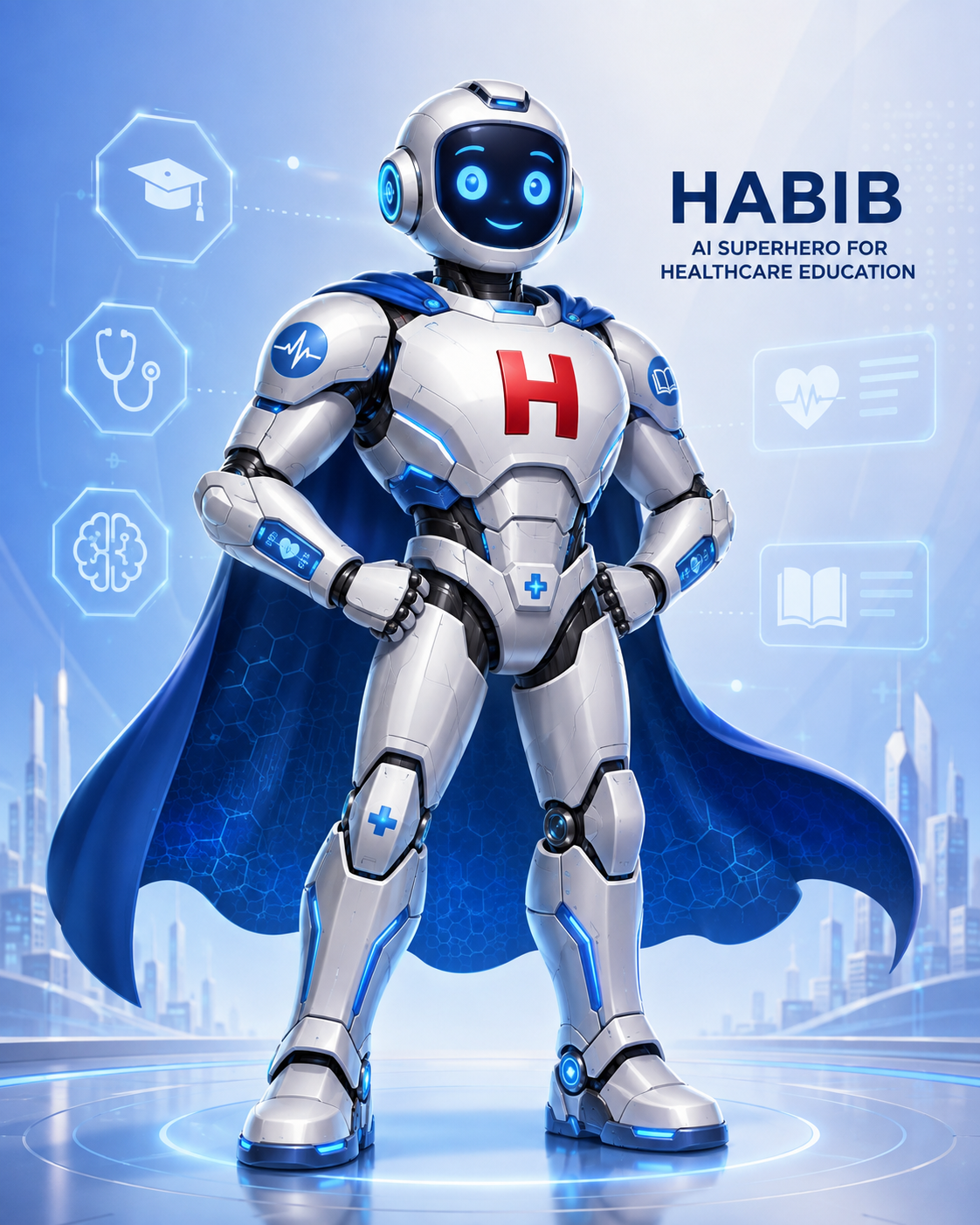 HABIB, the S.P.A.C.E AI superhero mascot with a red H on his chest